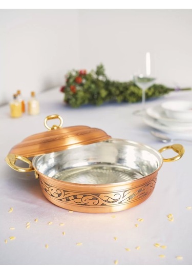Bakır Pilav Tenceresi Oyma Nakış İşleme Mat Bakır Renk 25 Cm