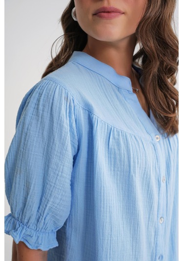 4725 Kadın Büzgü Robalı Kolu Fırfırlı Müslin Gömlek Bebe Mavi Bebe Mavi