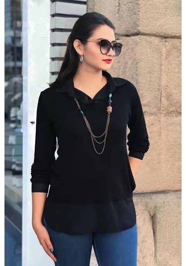 İçten Gömlek Çıkmalı Bluz Siyah