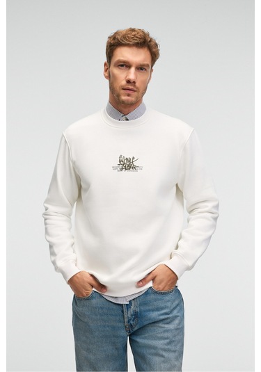 Grimelange IRVING Erkek Yuvarlak Yaka Göğsü Ve Önü Regular Fit Ekru Sweatshirt