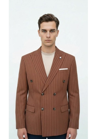 Plus Scorpion Kahverengi Çizgili Erkek Kruvaze Blazer Ceket İtalyan Kesim, Modern Şıklık Kahverengi