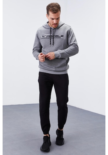 Tommy Life Gri Melanj Kanguru Cep Standart Kalıp Kapüşonlu Erkek Sweatshirt - 87883 GRİ MELANJ