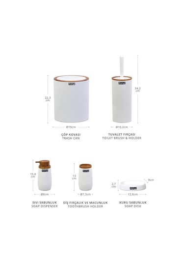 Okyanus Home Beyaz Ahşap Çizgili Yuvarlak 5'Li Banyo Seti