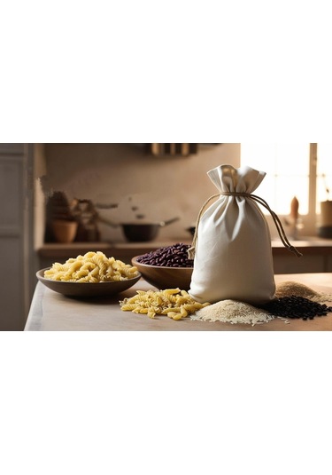 Organik Pamuklu Gıda Torbası 2'li Set Doğal Nefes Alan Yeniden Kullanılabilir Mutfak Saklama Poşeti Bej