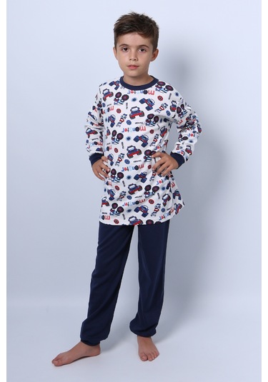 Hçm Erkek Çocuk Pijama Takımı Baskılı Ribanalı C69 Lacıvert