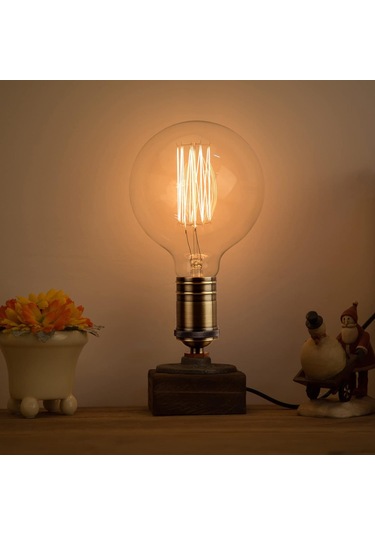 Reedark E27 Ampulü Hariç Retro Endüstriyel Ahşap Masa Lambası - Elden Yapımı Dekoratif 40w Led Uyumlu Oturma Odası/ofis Işığı Şeffaf