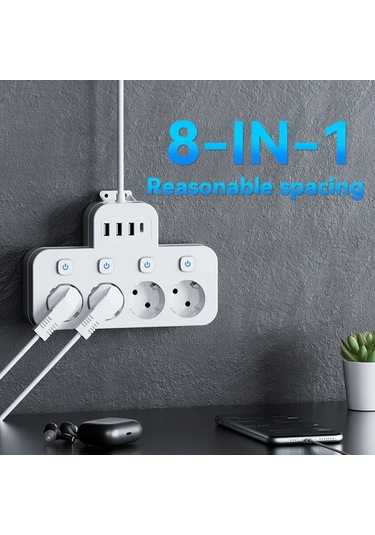 Xuweiwei Beyaz 8i 1 Arada Standart Eu Priz 4 Usb Portu Usb C Portlu Bagimsiz Anahtarlı 15m Uzatma Kablosu Ev Ofis İcin