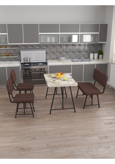 Mygusi Hayat 2 Sandalyeli 1 Bench Mutfak Masa Takımı Mermer Efes Kahve