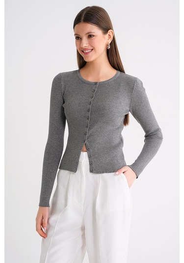 6931 Kadın Düğmeli Fitilli Triko Hırka Gri Gri