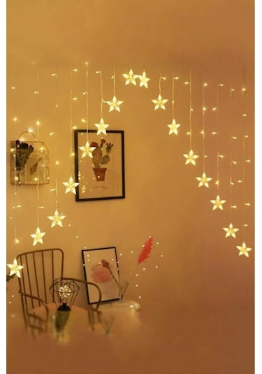 16 Yıldız Noel Işığı, Yılbaşı Perde Led Işık Yıldız Desenli Otantik Aydınlatma Fişli Günışığı Sarı