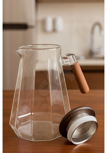 Süzgeçli Cam Sürahi - Akasaya Kapaklı Ve Saplı - Detoks Sürahisi - Contalı Kapak