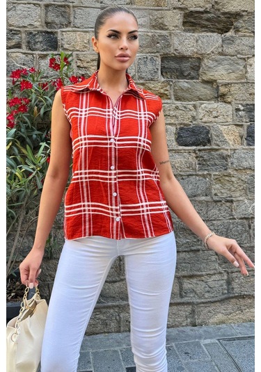 Kadın Kırmızı Ekose Desen, Dokulu Bodrum Kumaş, Kolsuz Rahat Gömlek Kırmızı