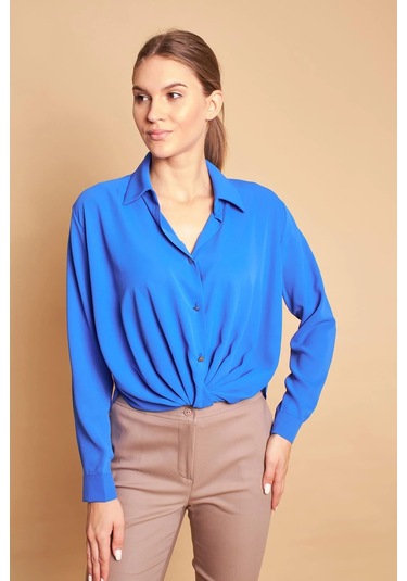 Yakalı Önü Pileli Uzun Kol Likrasız Şık Kumaş Gömlek-Saks Sax