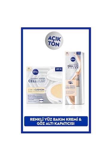 NIVEA Göz Bakım Kremi Açık Ton 15 ML + Cellular Expert Finish Cushion Renkli Yüz Bakım Kremi SPF15 01 Açık Ton