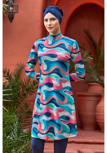 Likralı Tam Kapalı Tesettür Mayo Desenli 3106 Koyu Lacivert Koyulaci01 Koyu Lacivert