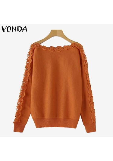 Vonda Kadın Sonbahar Dantel Yuvarlak Yaka Uzun Kollu Kazak Kazaklar Turuncu