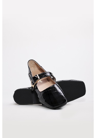 Hakiki Deri Kadın Babet Ayakkabı 210za9757 Siyah Kroko