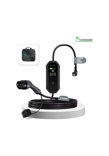 Coswatt Elektrikli Araç Taşınabilir Şarj Cihazı 3.5kW-16A-Tip2 Soket-Türkçe Menü-5M-2x16A Ev Tipi Fiş-220V AC