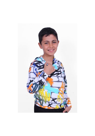 Beyaz Desenli Kapşonlu Unisex Sweatshirt Beyaz