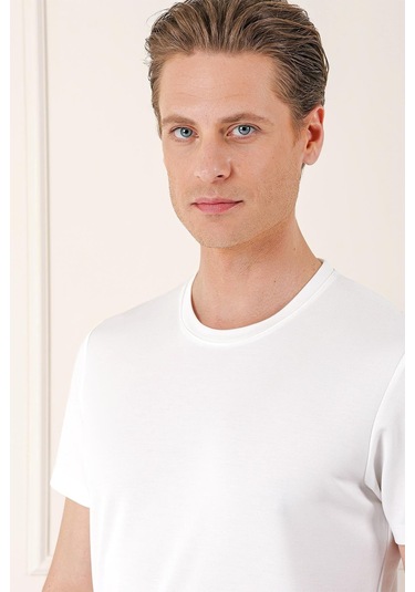 Slim Fit Bisiklet Yaka Pamuklu Beyaz Tişört Ts 880 Beyaz