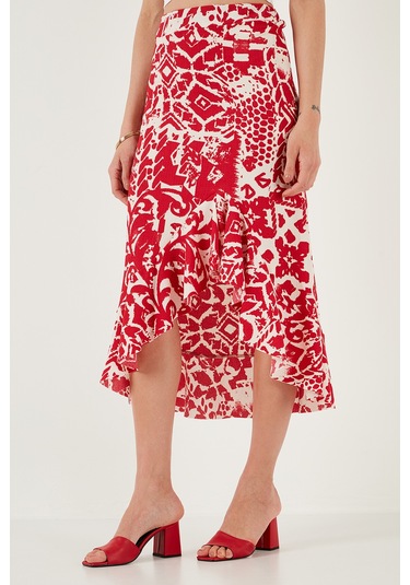 Lela Regular Fit Desenli Yüksek Bel Volanlı Midi Boy Yırtmaçlı Bayan Etek 5869013 Bordo