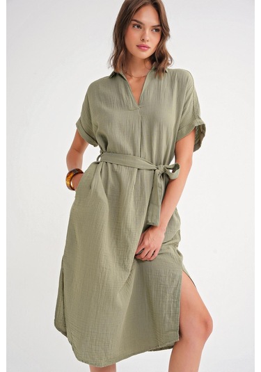 4720 Kadın Pile Detaylı Bağlamalı V Yaka Müslin Elbise Haki Haki