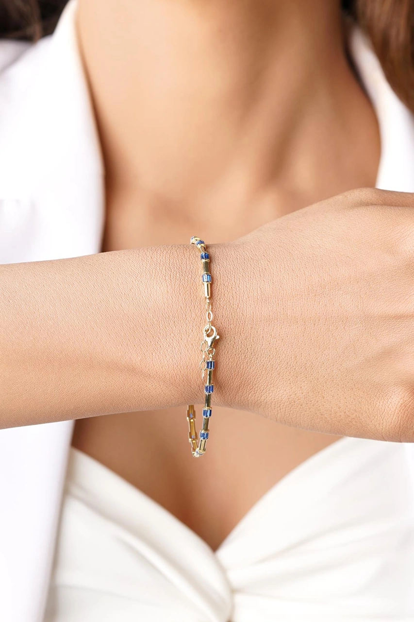 14 Ayar Altın Safir Taşlı Modern Bileklik Pembe Altın