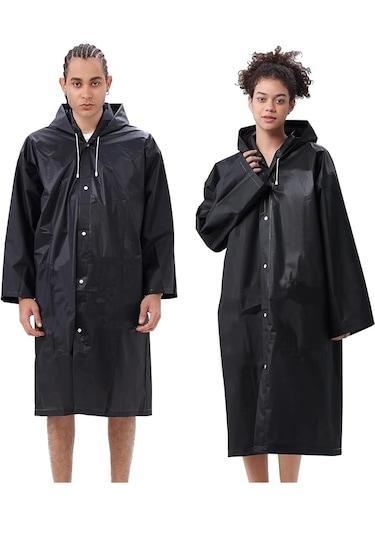Su Geçirmez Eva Kumaş Yağmurluk Siyah Kapşonlu Çıtçıtlı Yağmurluk Siyah