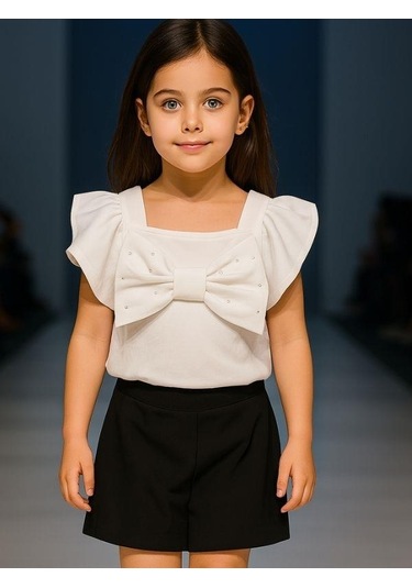 Kız Çocuk Pamuklu Fiyonklu Taşlı Bluz-15894 Ekru