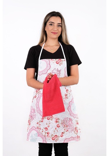 Flower 4lü Set Mutfak Önlüğü Havlulu Mutfak Önlüğü Fırın Eldiveni Ve Tutacak Kırmızı