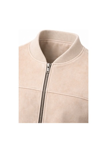 Premium Slim Fit Bomber Kolej Deri Ceket Krem