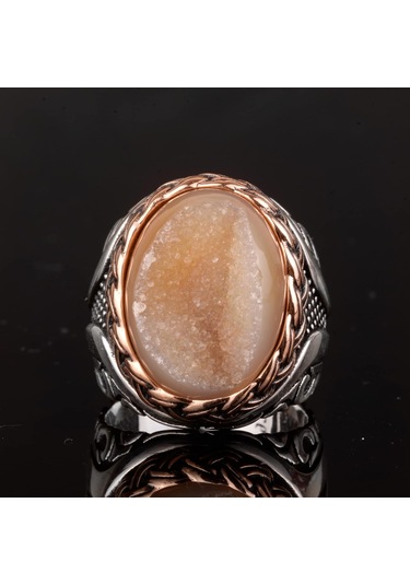 Gerçek Doğal Druzy Kristal Kuvars Taşı Yüzük, Doğum Taşı Yüzüğü, 925 Ayar Gümüş Yüzük Sarı Gümüş