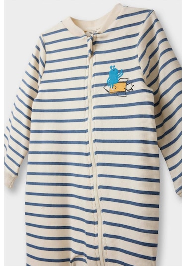 Defacto Erkek Bebek Yenidoğan Fitilli Kaşkorse Fermuarlı Çizgili Uzun Kollu Tulum F4659a525auer233 Ekru