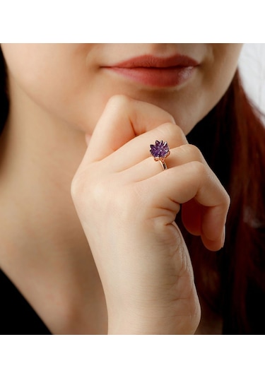 Rose Altın Kaplama Ametist Mor Taşlı Lotus Çiçeği Kadın  Yüzük Rose Gold