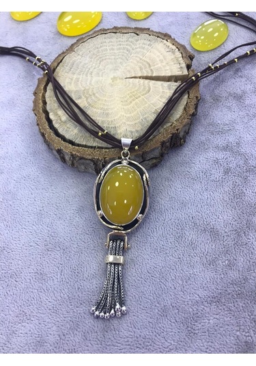 Sarı Akik Taşlı Gümüş Kolye 925 Ayar 512655439