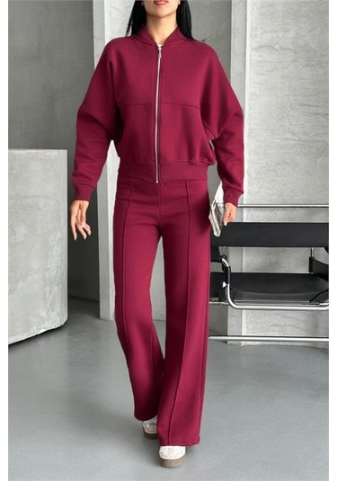 Neşeli Butik Kadın Pamuklu Kışlık Rahat Kesim Eşofman Takımı Nbg112 Bordo