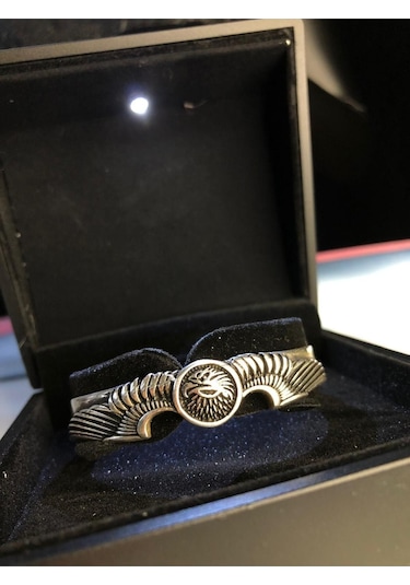 Erkek Gümüş Bileklik - Kartal Motifli Kelepçe Model Işıklı Kutuda Sevgiliye Eşe Babaya