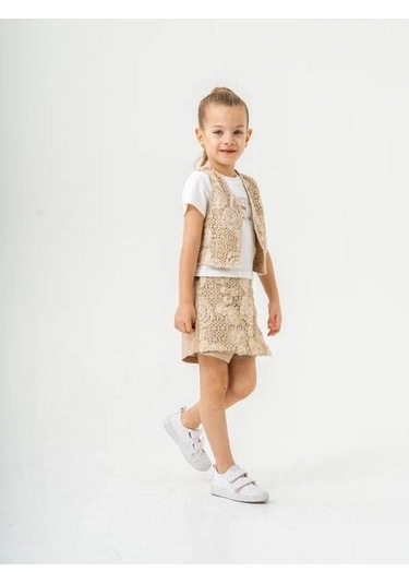Kız Çocuk Keten Üçlü Şort Etekli Yelekli Takım-15888 Bej