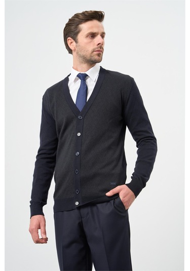 Koyu Lacivert Uzun Kol Kendinden Desenli Örme V Yaka Classic Comfort Fit Triko 1012245161 Koyu Lacivert