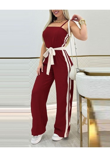 Ahes Shopping Kadın Ip Askılı Straplez Belden Kuşaklı Viskon Iki Iplik Tulum Bordo