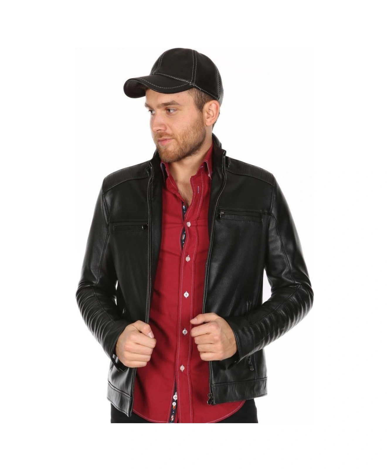 Hakiki Deri Siyah Kol Omuz Işlemeli Erkek Deri Ceket Siyah