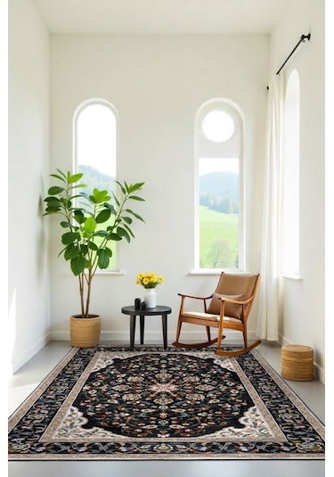 Zeminde Bir Saray Medalyonlu Ve Çiçekli Halı Tasarımı - Kaymaz Taban Siyah - Bej