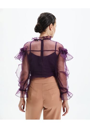 Kadın Volan Detaylı Şifon Bluz Çiçek Yaka Tasarım, Uzun Kollu Mor