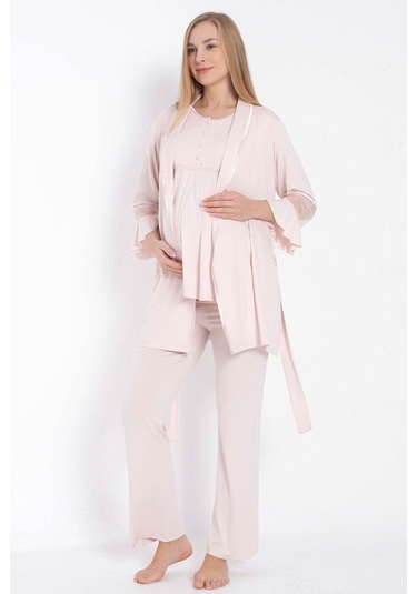 Kısa Kol Bisiklet Yaka Kadın Viskon Dantel Detaylı Hamile Pijama Takımı Sabahlık