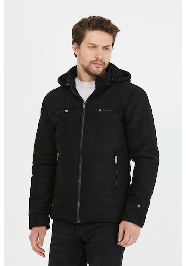 Erkek Siyah Dar Kesim Kapüşonlu Süet Mont Siyah