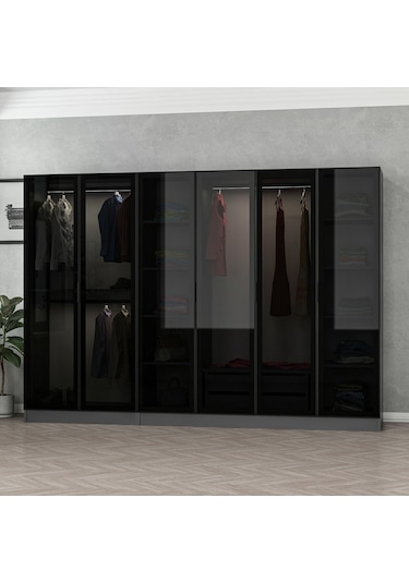 Minar Mobilya Minar Kale 6 Cam Kapaklı 2 Çekmeceli Gardırop Antrasit - Siyah