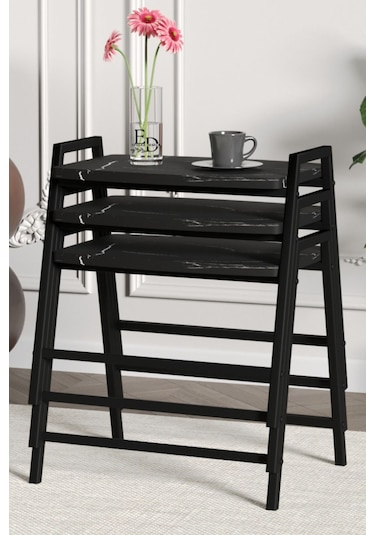 Zigon Sehpa , Aden 3'lü Tepsi Zigon Sehpa Takımı Siyah Metal - Siyah Mermer Tabla Siyah-siyah Mermer