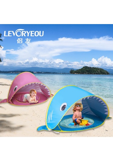 Tenfowee Mavi Köpekbalığı Desenli Çocuk Plaj Çadırı - Otomatik Açılışlı, Güneşten Koruyucu, Çift Kişilik Aile Ve Çocuklar İçin Sahne Ve Oyun Odası Mavi