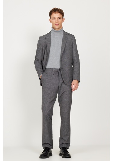 AC&Co / Altınyıldız Classics Erkek Siyah-füme Slim Fit Dar Kesim Mono Yaka Seyahat Çantalı Desenli Takım Elbise Siyah - Füme