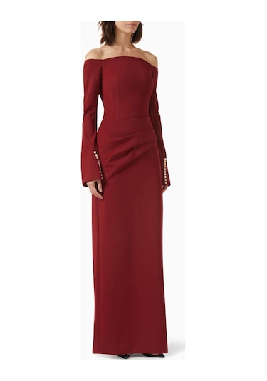 Eegen Studio Louisa Maxi Elbise - Off - Shoulder, Düğmeli Kollar, Şık Drapeli Bel, Zarif Umi Kumaş Kırmızı